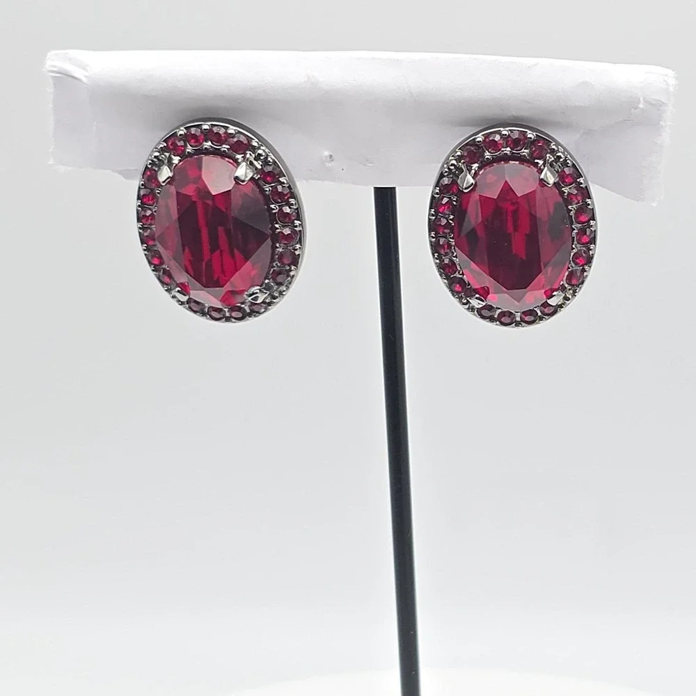 VTG SWAROVSKI Earrings Austrian Crystal Wine Red Gunmetal‎ Grey Clip-Ons Signed